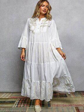 Romantic Embroidered Floral Tiered Maxi Dress